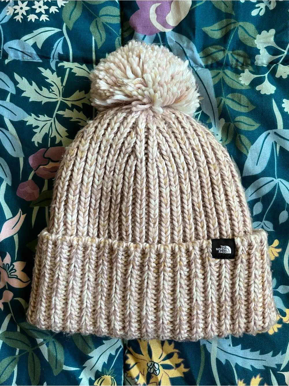 The North Face Kids Cream Pink Ribbed Pom Beanie One Size
